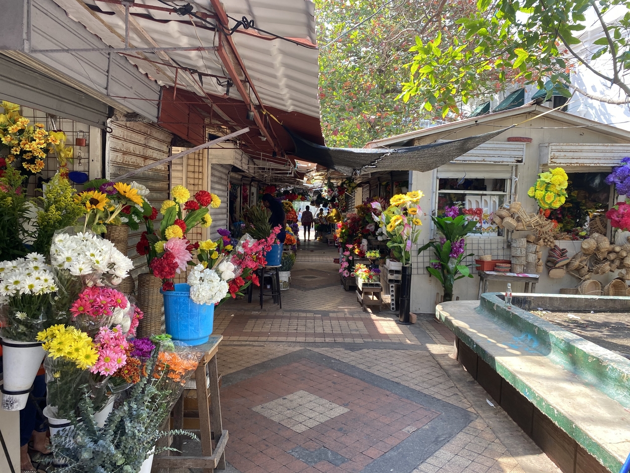 Flower vendors along a walkway