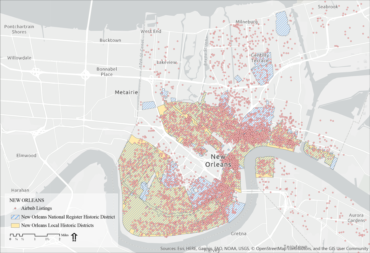 Map of New Orleans comparing air bnb listings with historic districts 