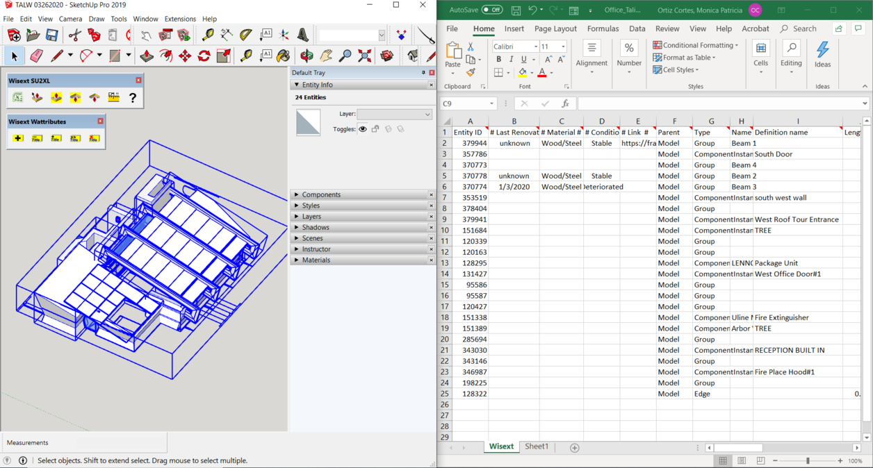 Snapshot of the SketchUp model with the extracted data in Excel.
