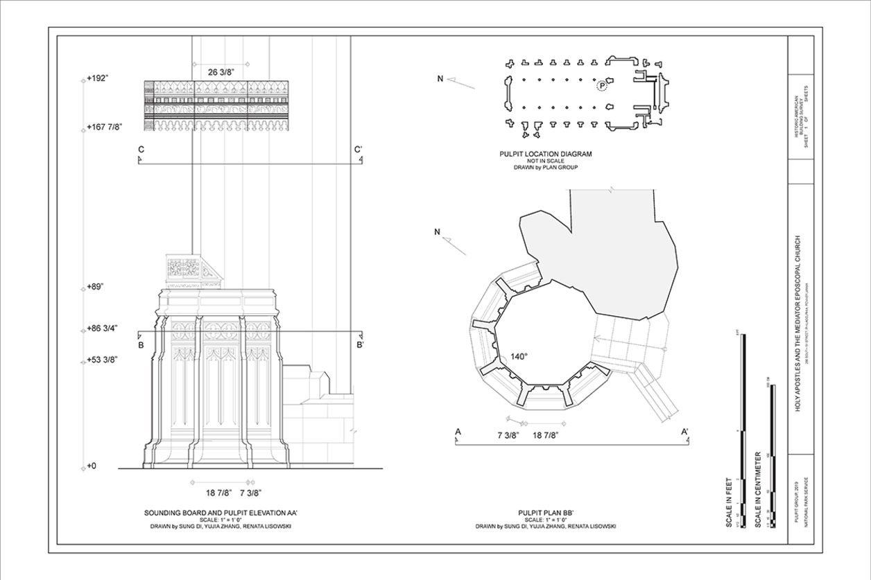 Sheet documenting the parts of pulpit in a church