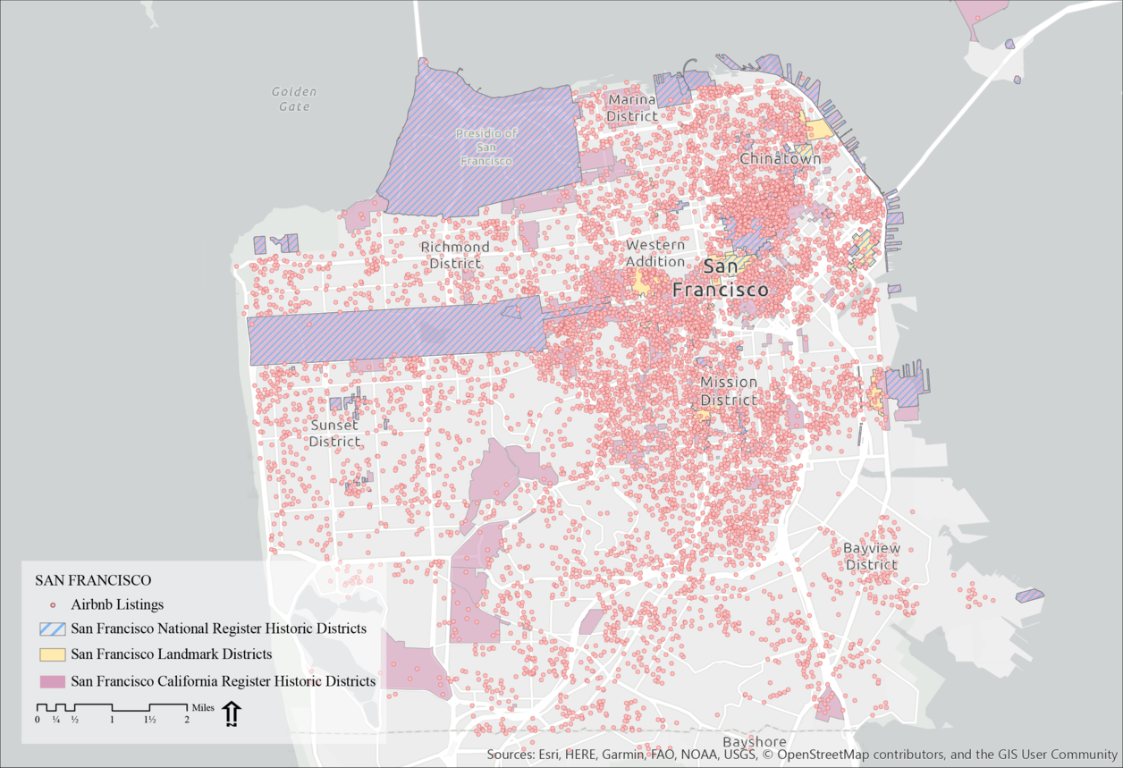 Map of San Francisco comparing air bnb locations with historical landmark locations