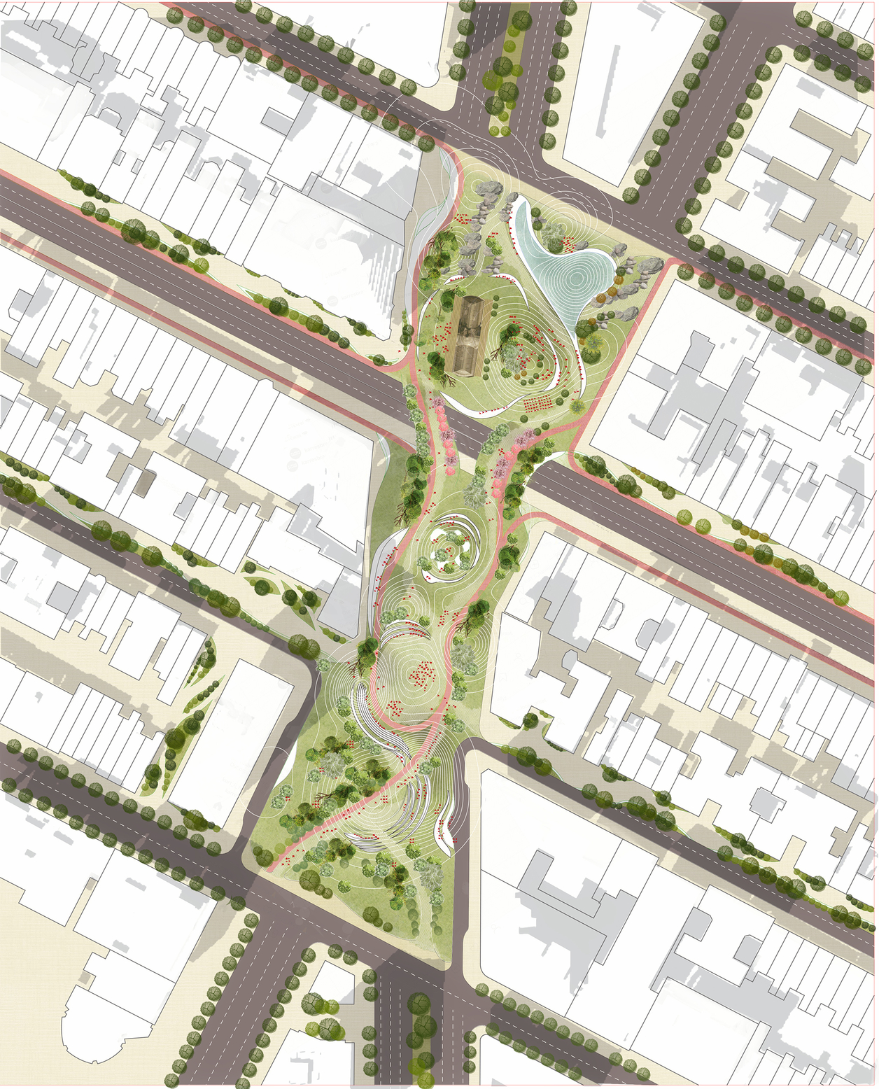 Site plan shows proposal for future broadway street as an pedestrian park.