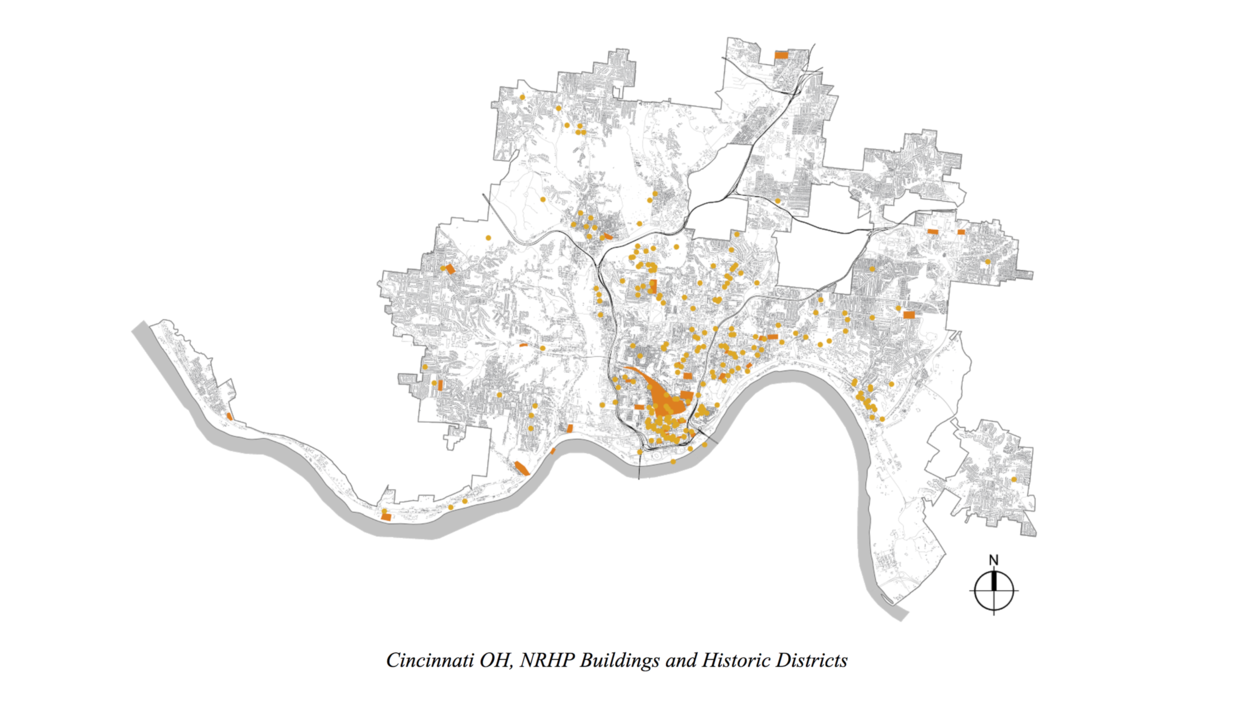 Map of Cincinnati OH, NRHP Buildings and Historic District