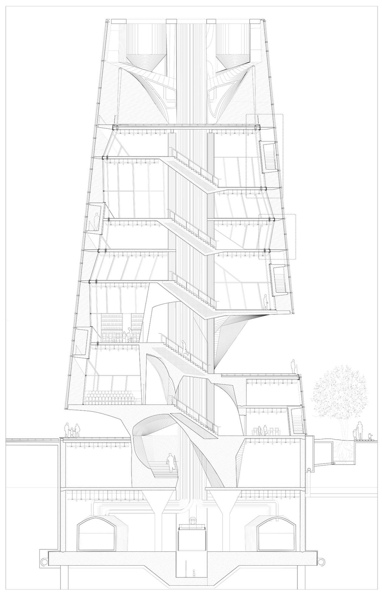 Architectural rendering of a complex building