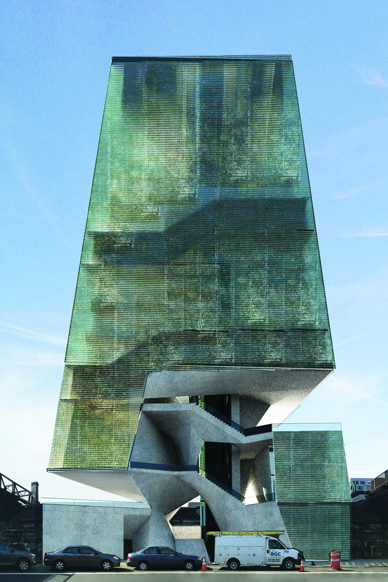 Architectural rendering of a building with green surface