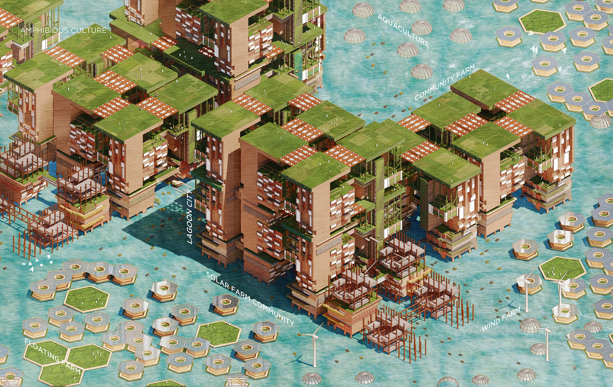 Rendering of a multi-story structure built on stilts above water