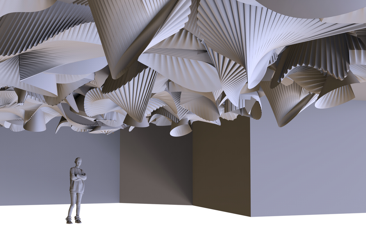 Interior render of proposed project with curvy striated form as ceiling installation 