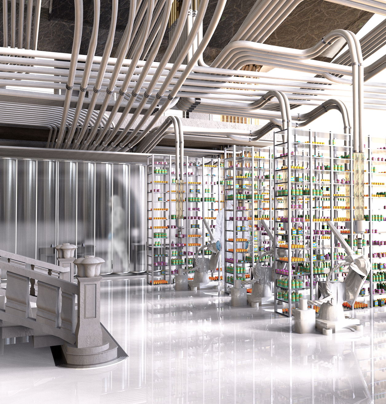 The sterile, white laboratory archives color coordinated prescription bottles serving as a pharmaceutical garden.