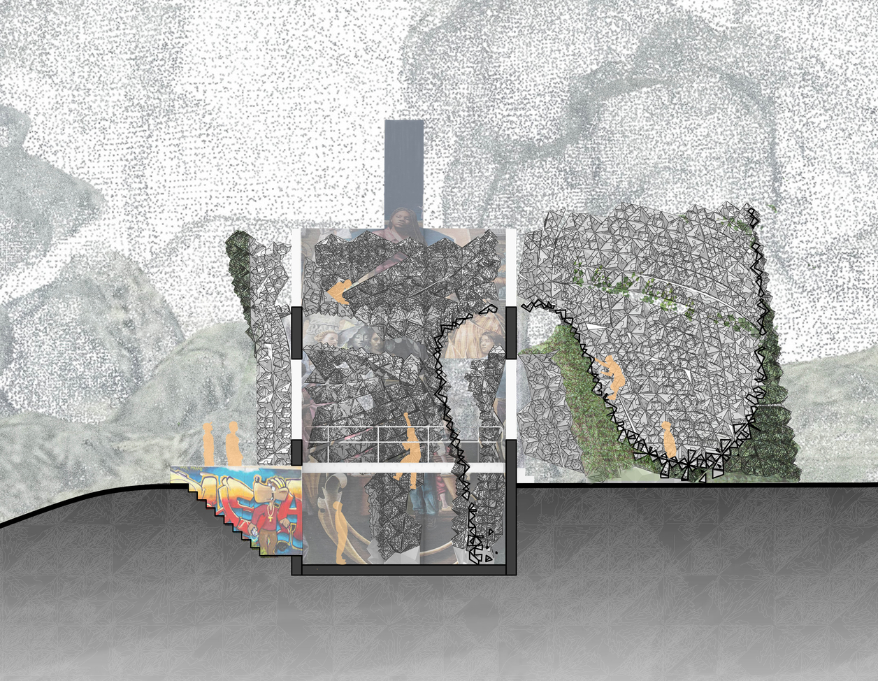 Section through proposed climbing gym of composed of carbon fiber modules sited within the shell of an abandon building.