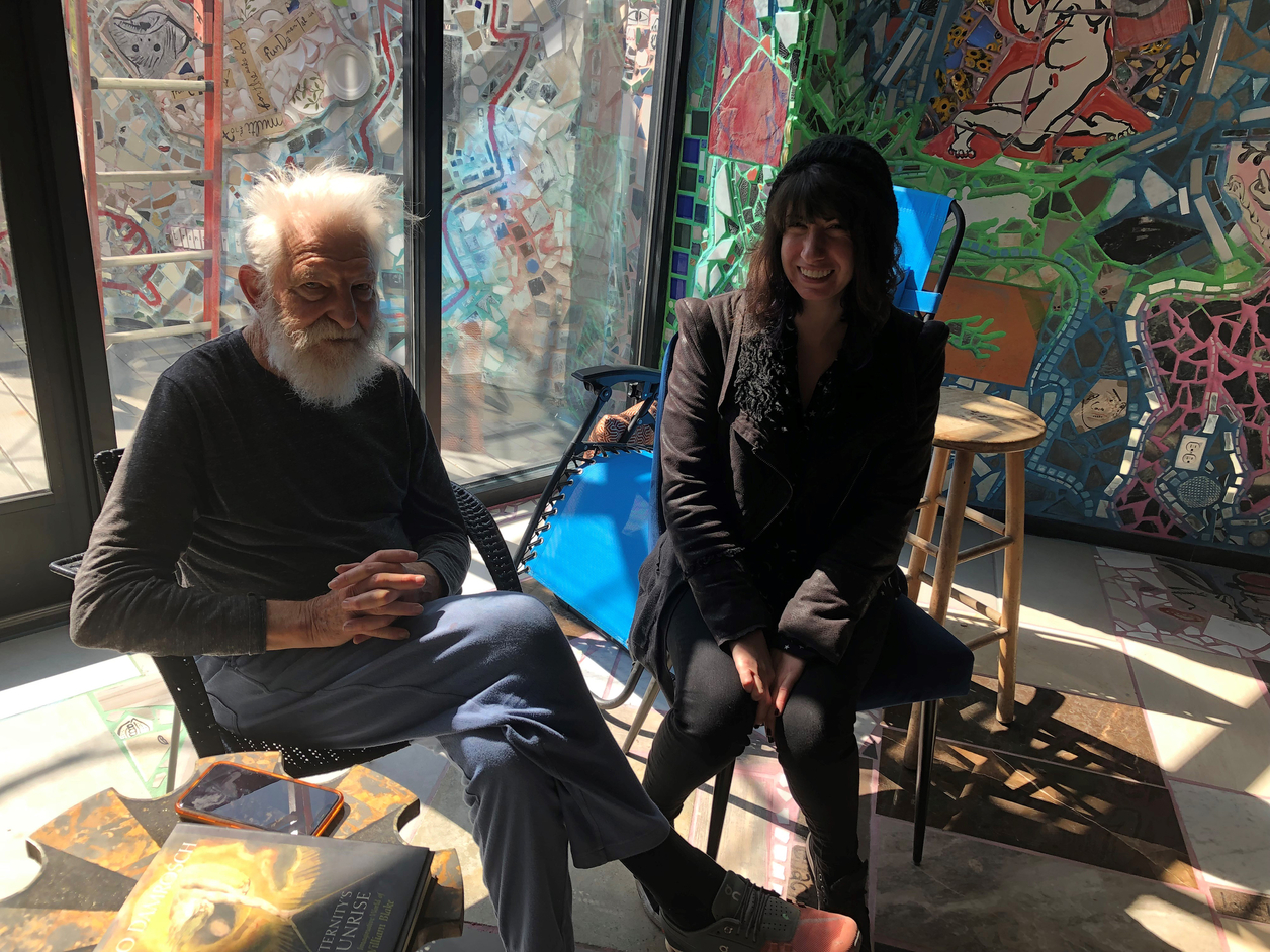 Isaiah Zagar and C. Adler during interview; Watkins St studio; 11 March 2022; Photographed by Emily Smith