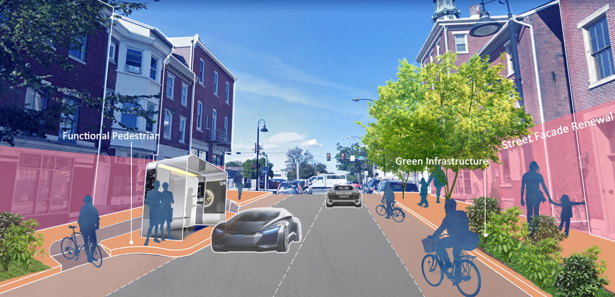 Rendering of a city street with pedestrians and cars
