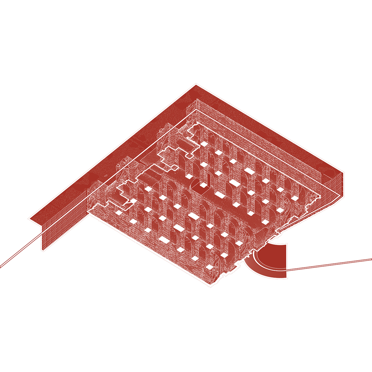 Rendering in red of the base of a building