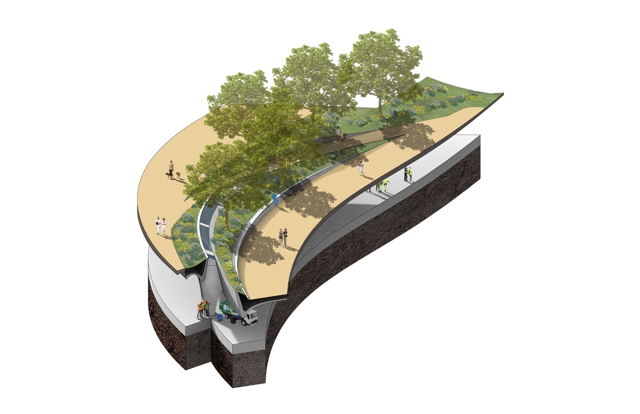 Chunk model of The Shore, seeing through the landscape and waste to energy center underneath.