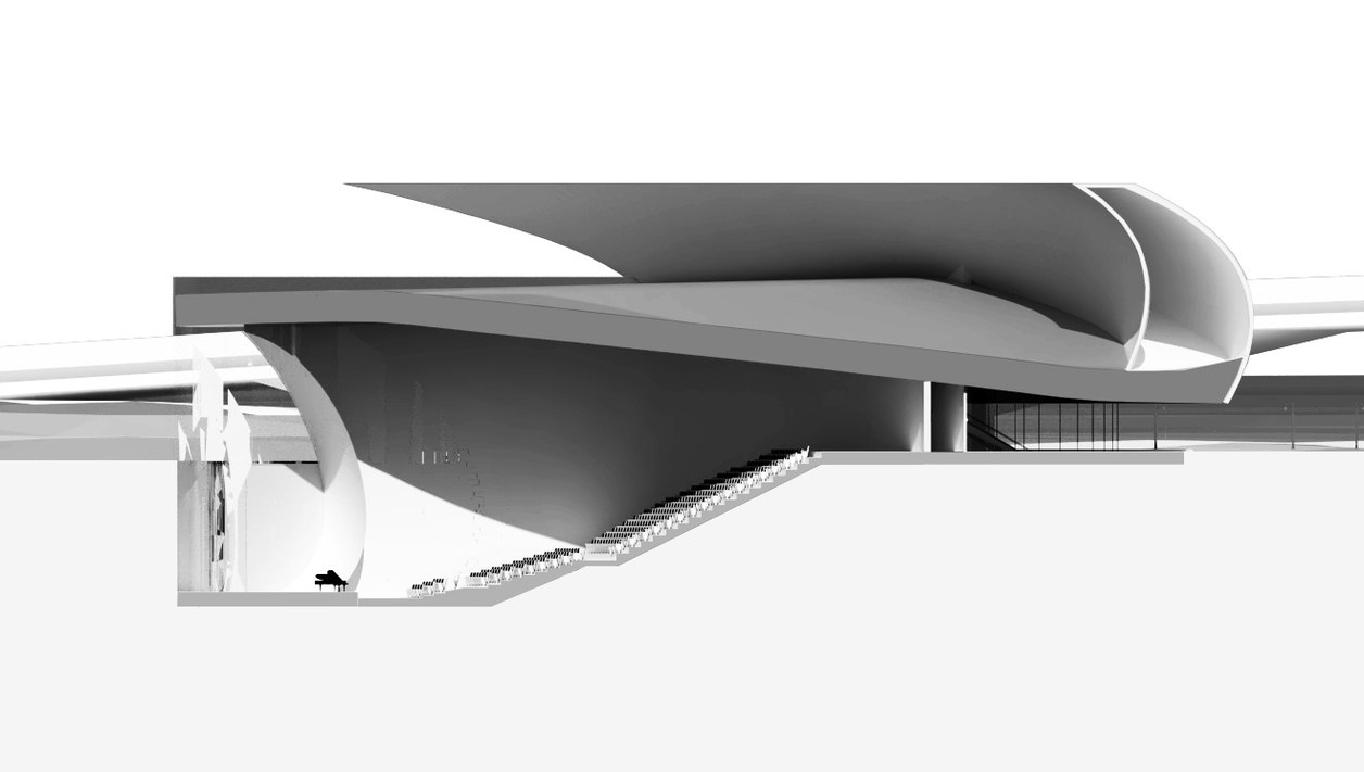 Sectional render of proposed project in white with view into the auditorium