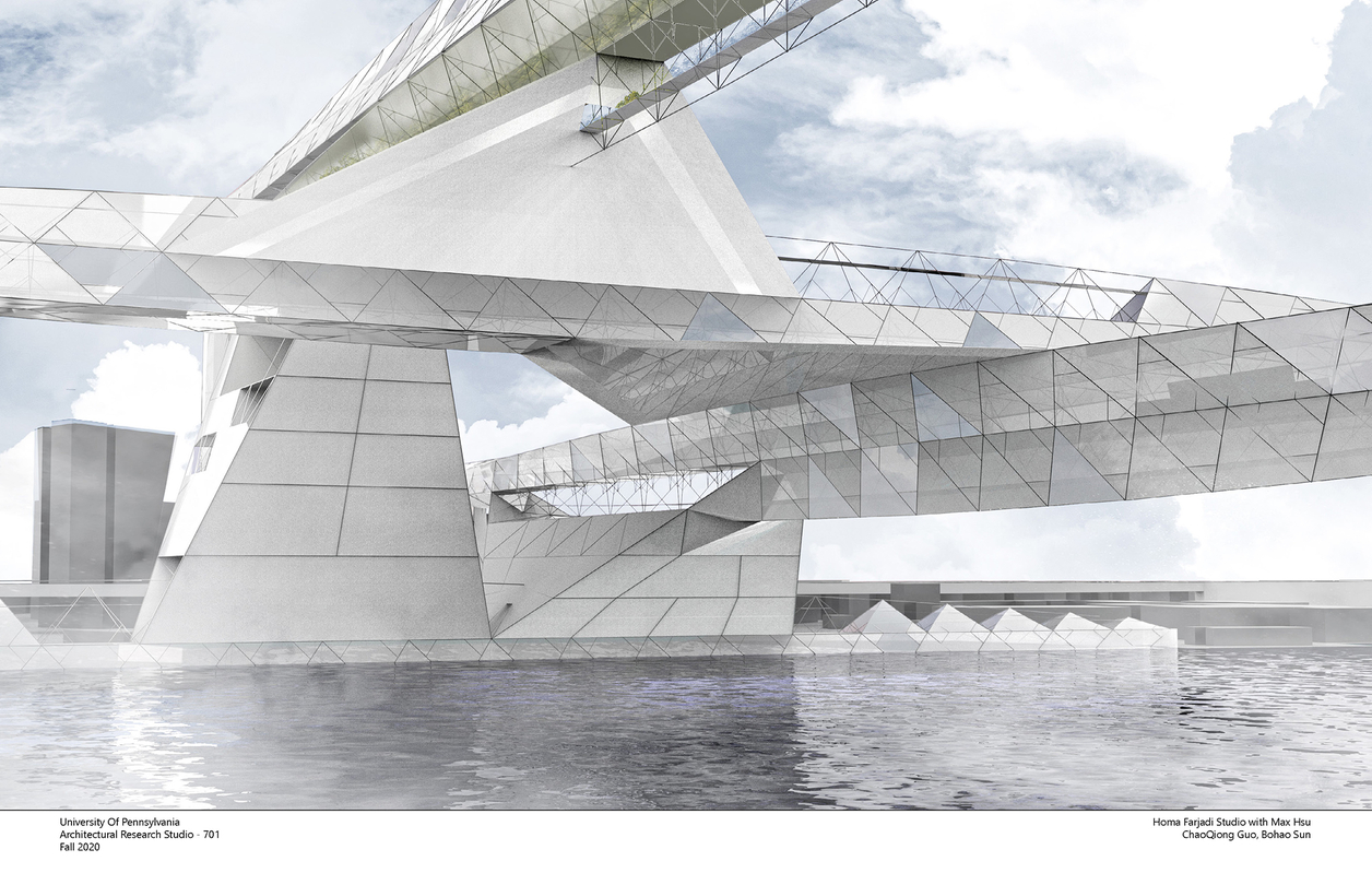 Rendering of a building that spans a river
