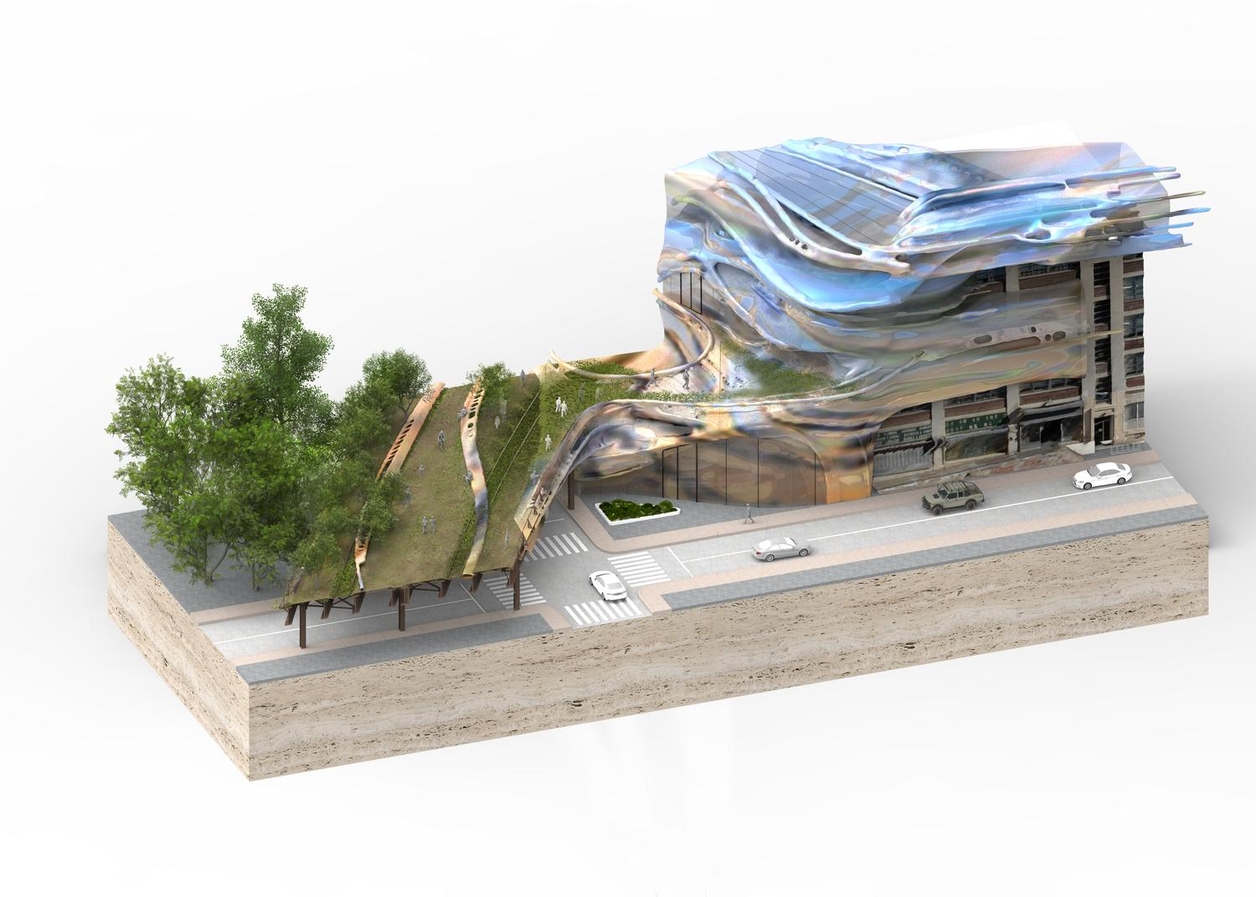 Render of project chunk showing proposed project wrapping around existing building and connecting to pedestrian bridge