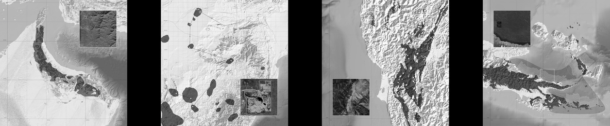 A set of four top views of proposed project showing topography in greyscale