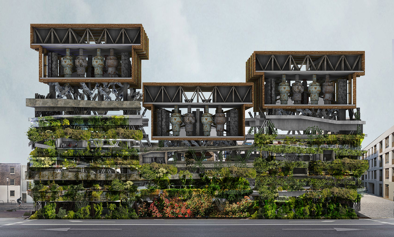 Rendering of mechanical structure covered in plants