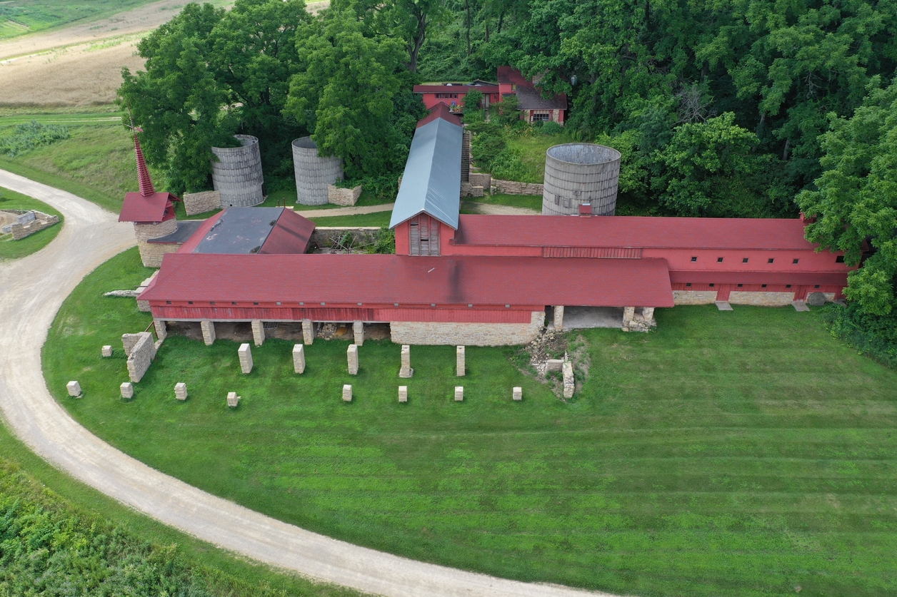 Arial view of farm buildings