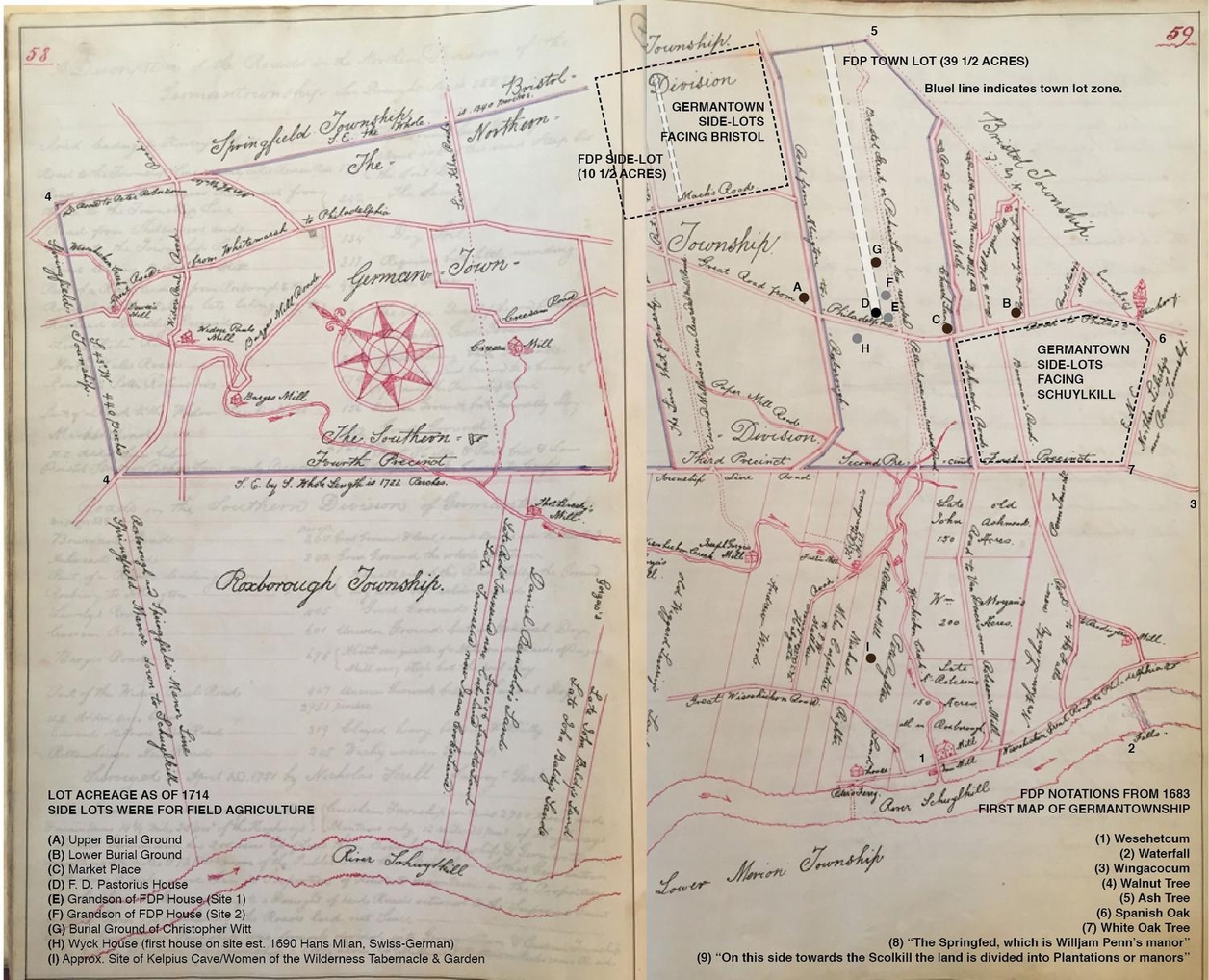 Map of Germantown town showing the location of Pastorius' house and garden