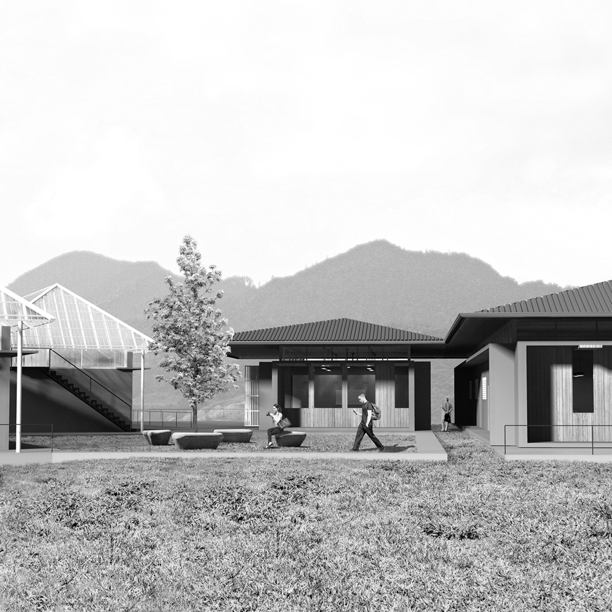 Outdoor Classroom View. Ground serves as spatial strategy to group the hosts. Source: Author.