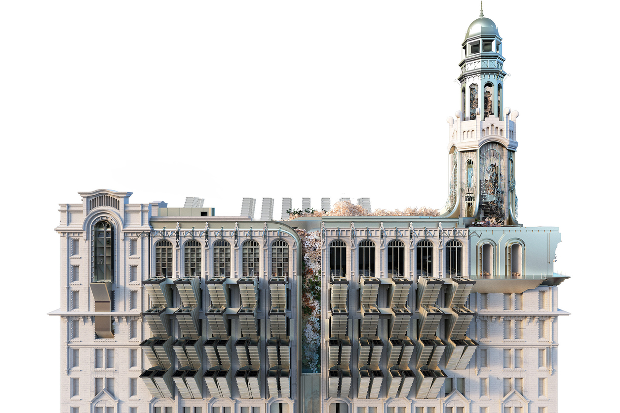 Rendering of an older high-rise building with high tech contemporary interventions