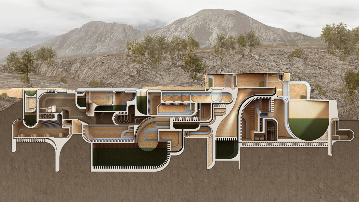A section of the project, depicting large pools of water filtering down through the building