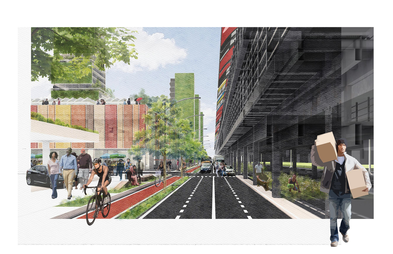 Rendering of a city street with bike path and urban farm and pedestrians