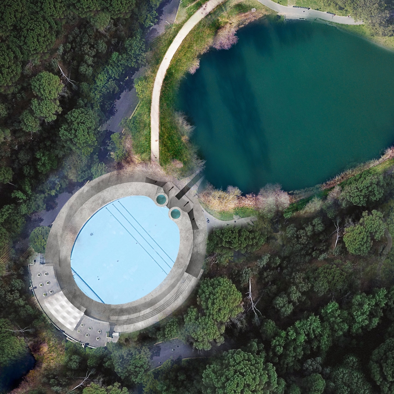 Arial view of structure and nearby lake