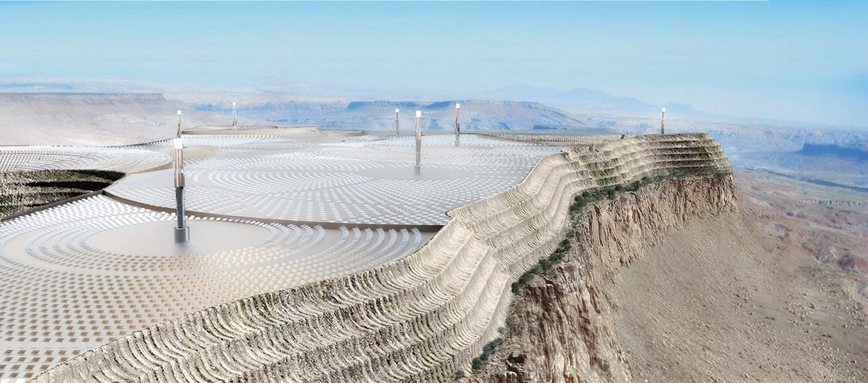 Aerial view of the artificial mesa's solar fields. 