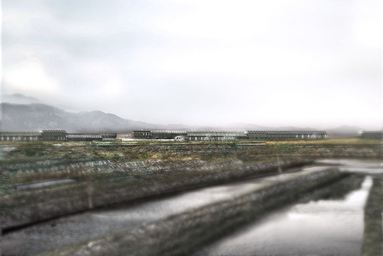 Render of proposed project from a distance showing terraces, scaffold structure, and water with overcast sky