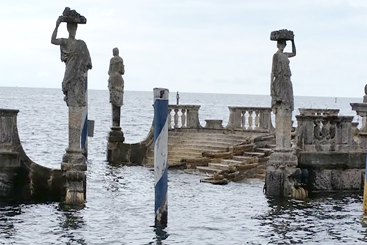 Flooded grounds of Vizcaya Museum and Garden during a king tide in Miami, FL in 2015
