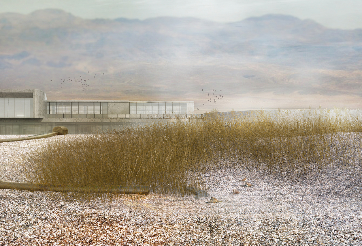 Eye level render of proposed project showing rectangular building with grass in foreground in a foggy atmosphere