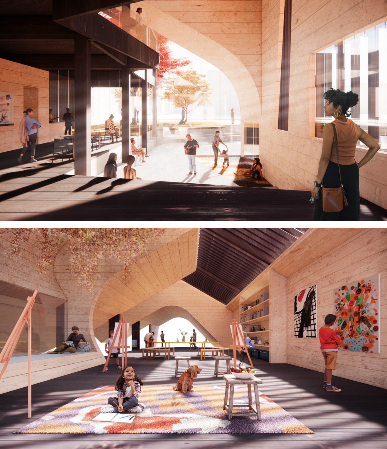 Interior views of gathering space on the ground level of local artist studios and the children's art classroom above