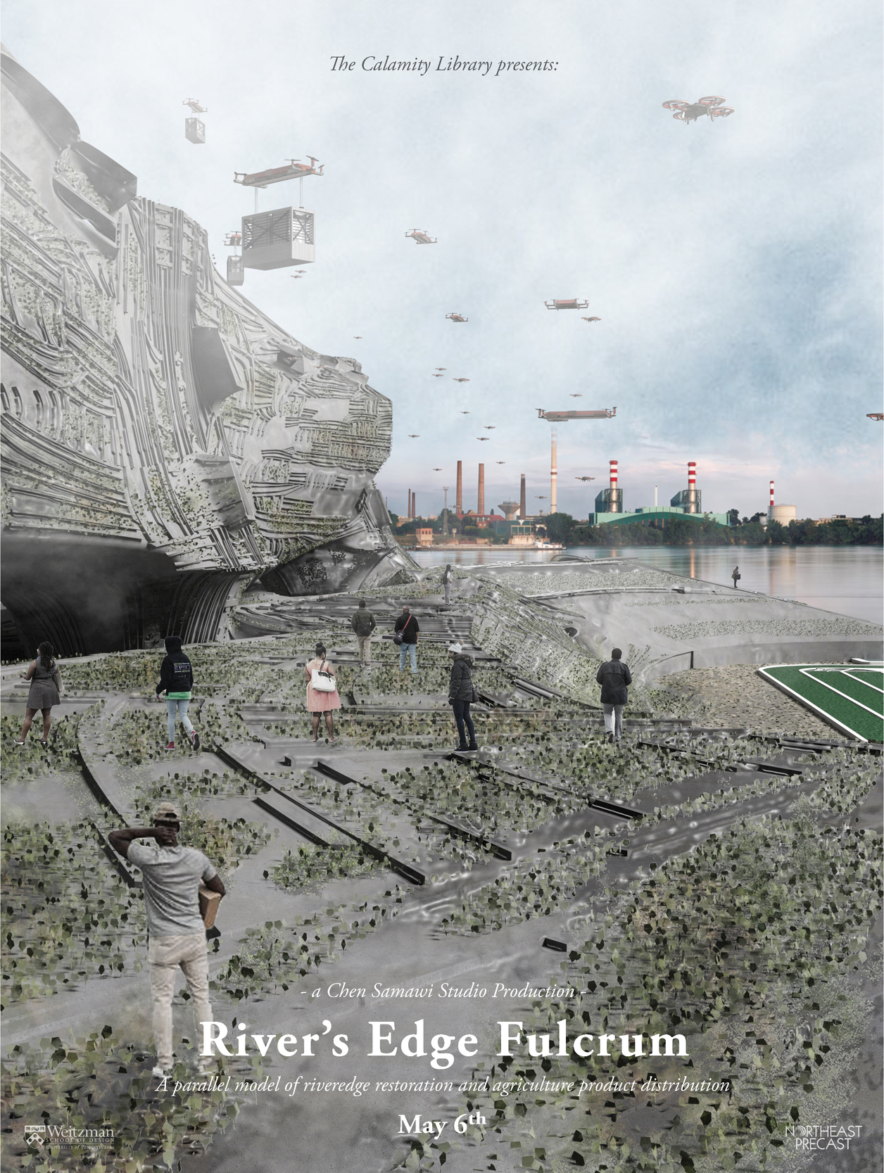 People and delivery drones above the distribution center overlooking The Mississippi river and the algae pools.