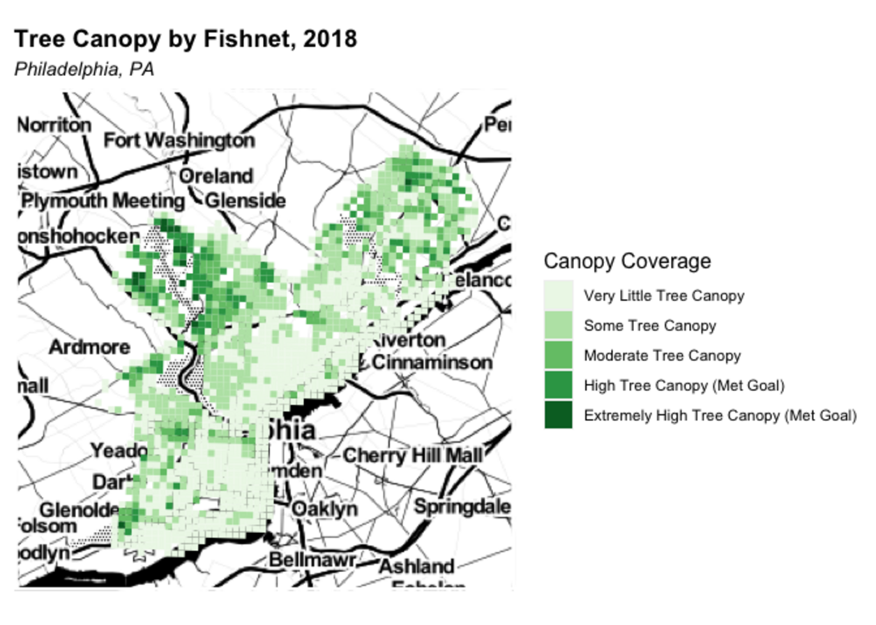 Map of Philadelphia showing canopy coverage