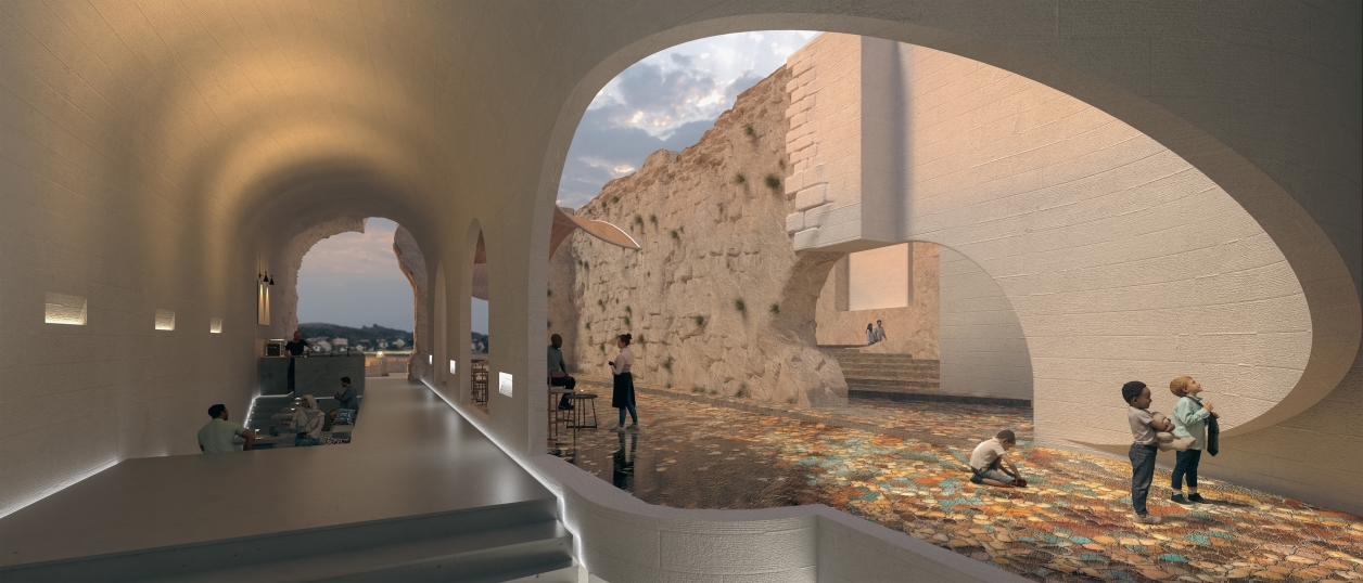 An agora space with a café, where a concrete structure featuring ruin-like tectonic surface expressions hybridizes with the existing ancient ruin wall.