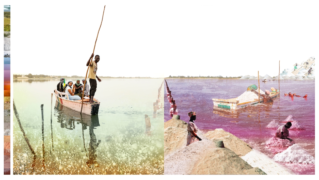 A material collage of Lac Rose that shows the inherent beauty of materials there. The lake appeared pink when the salt percentage was high. However, it lost its pink color and never gets the pink back due to frequent floodings these years.