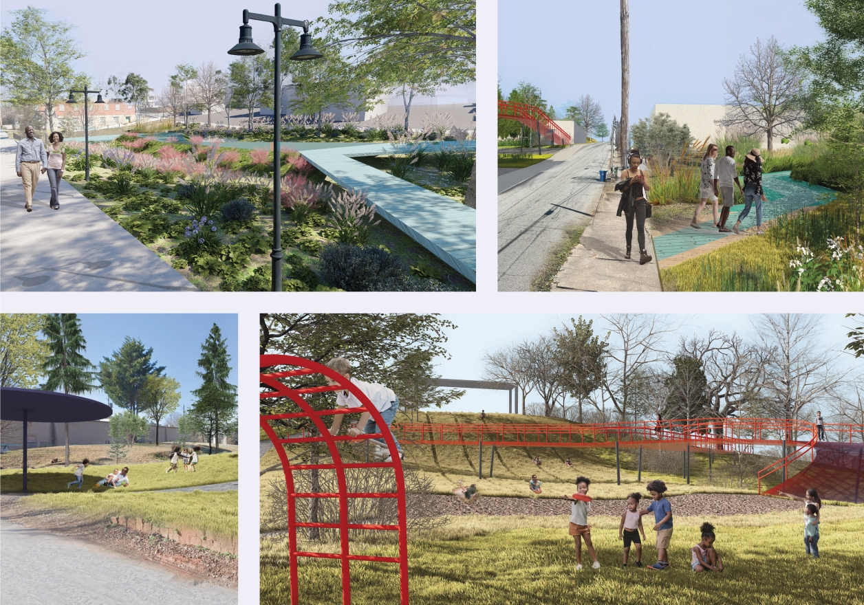 The elevated paths meet the streets, and the valley path meanders the neighborhood along with the stormwater manging gardens, reminding the people of the historic flow.