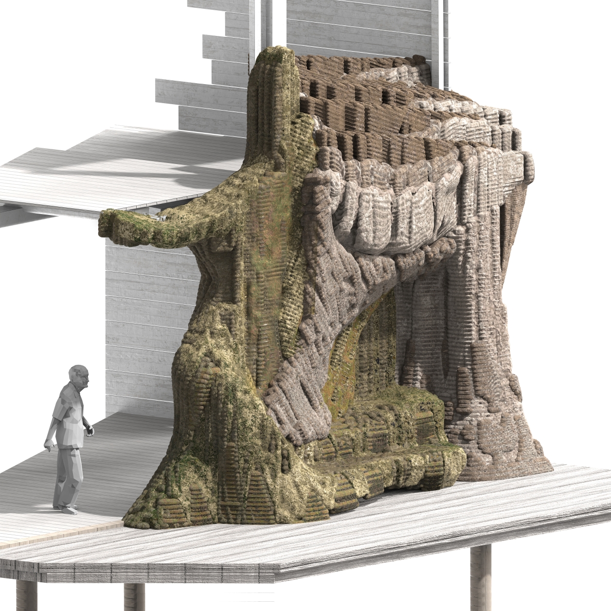 Detailed render to illustrate how the repair process enhances material layering and redefines spatial quality.
