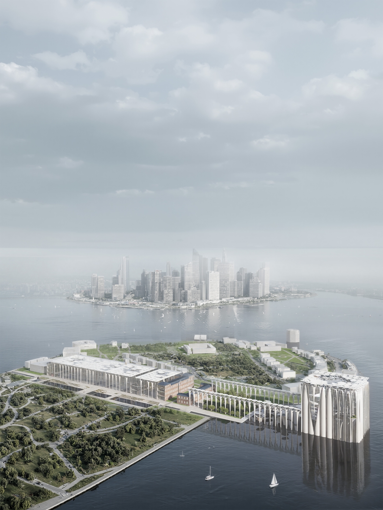 The image presents a proposed cultural and research hub on Governors Island, integrating a botanical conservatory and botanical art center. It extends the island’s historic axis into the waterfront, blending conservation, botanical art, and research to foster ecological awareness and public engagement.