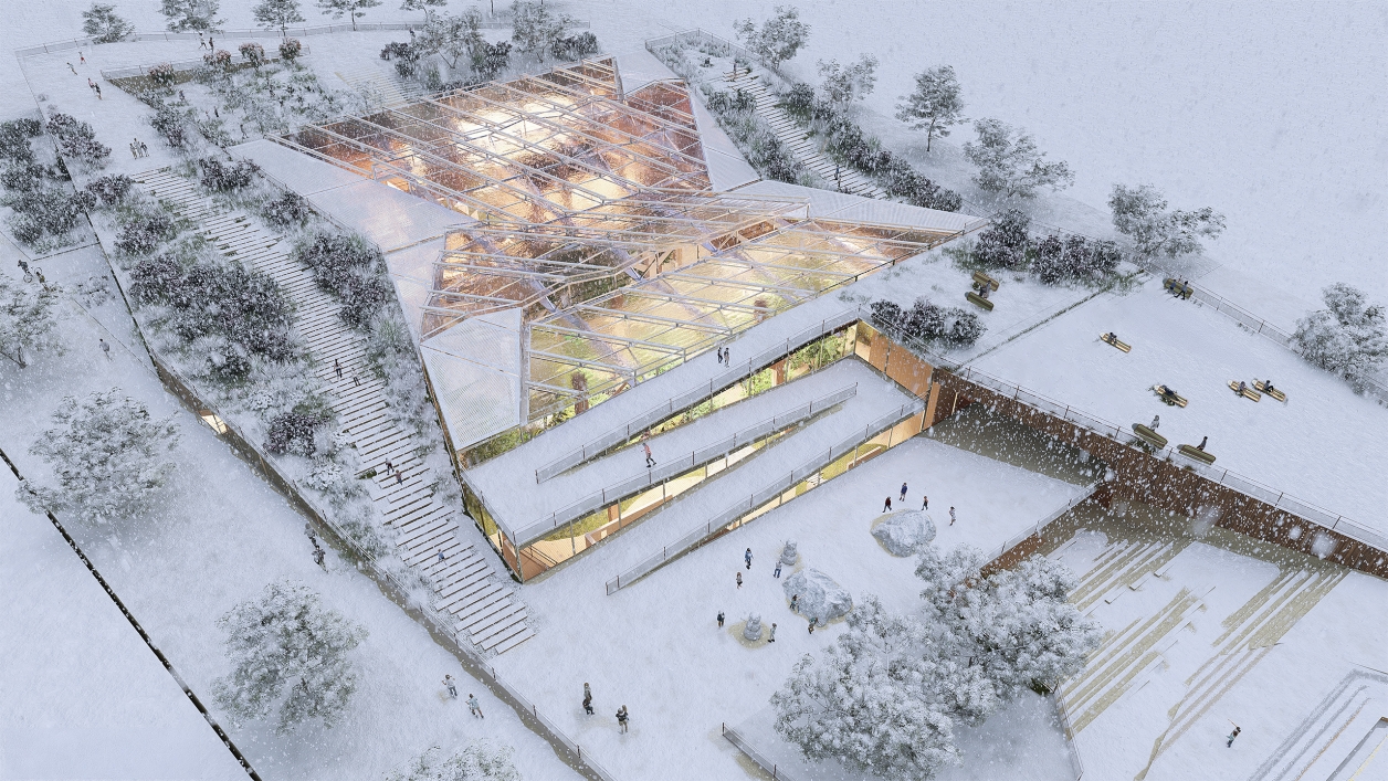 A bird’s-eye view rendering of the Botanical Bridge School during the winter season