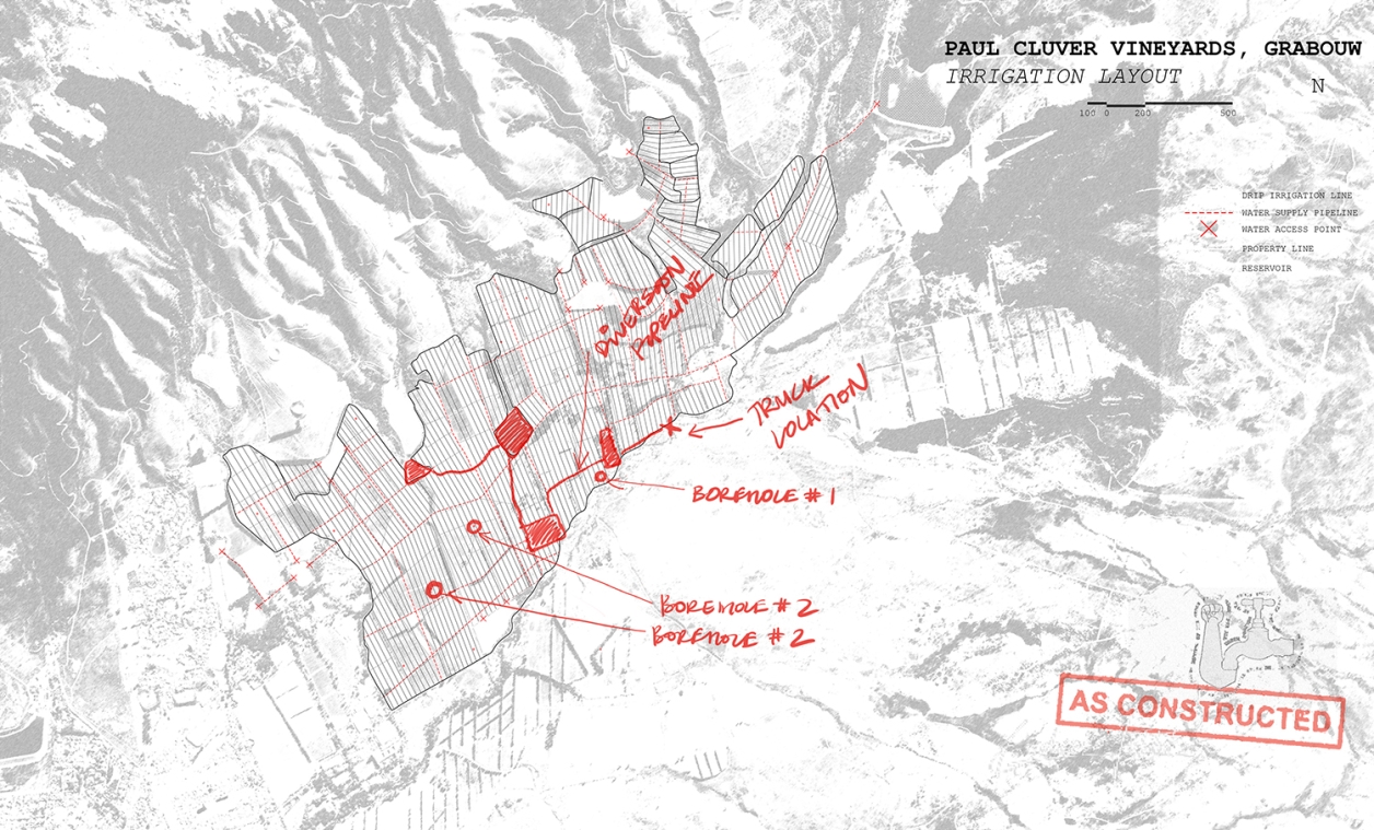 A blueprint used for a covert reuse of a vineyard as a water distribution center