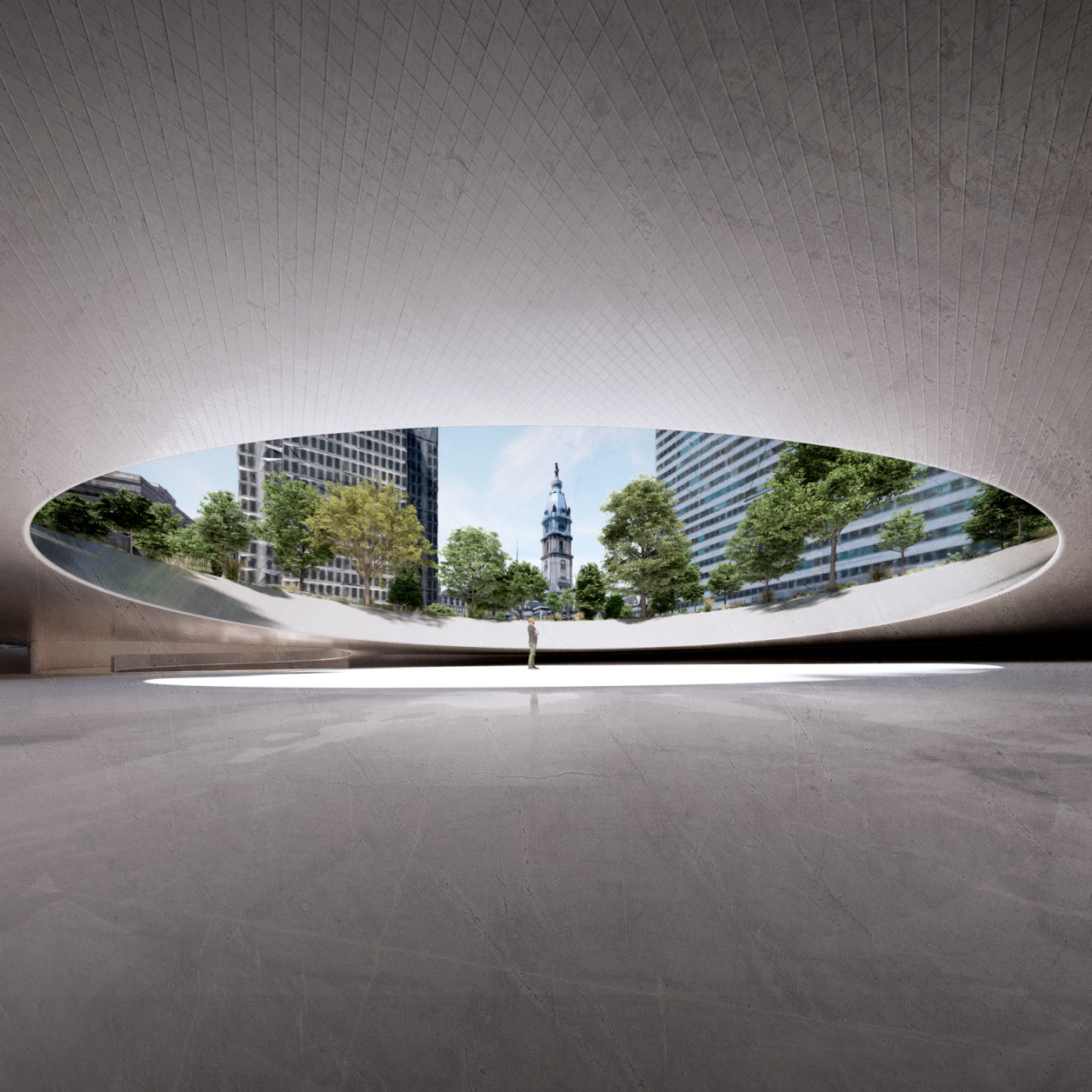 Image of large oculus sunken in the middle of philadelphia