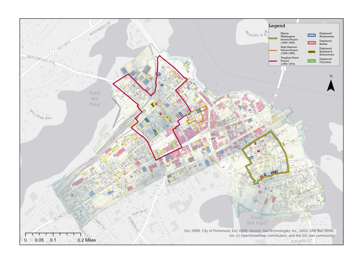 Map of three urban renewal projects in Portsmouth, N.H. with locations of displaced African Americans.