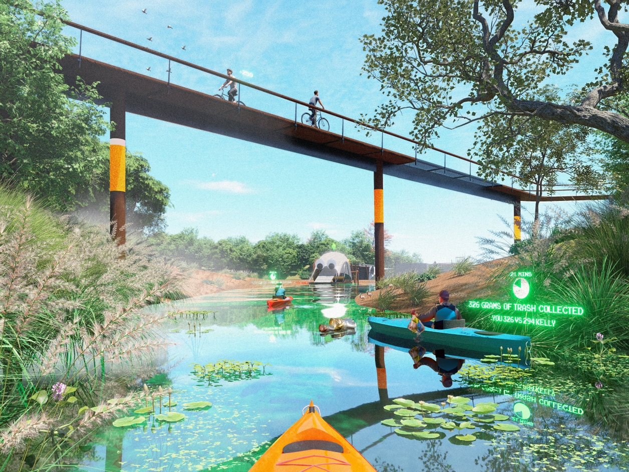 Rendering of trash collecting competition in the marsh