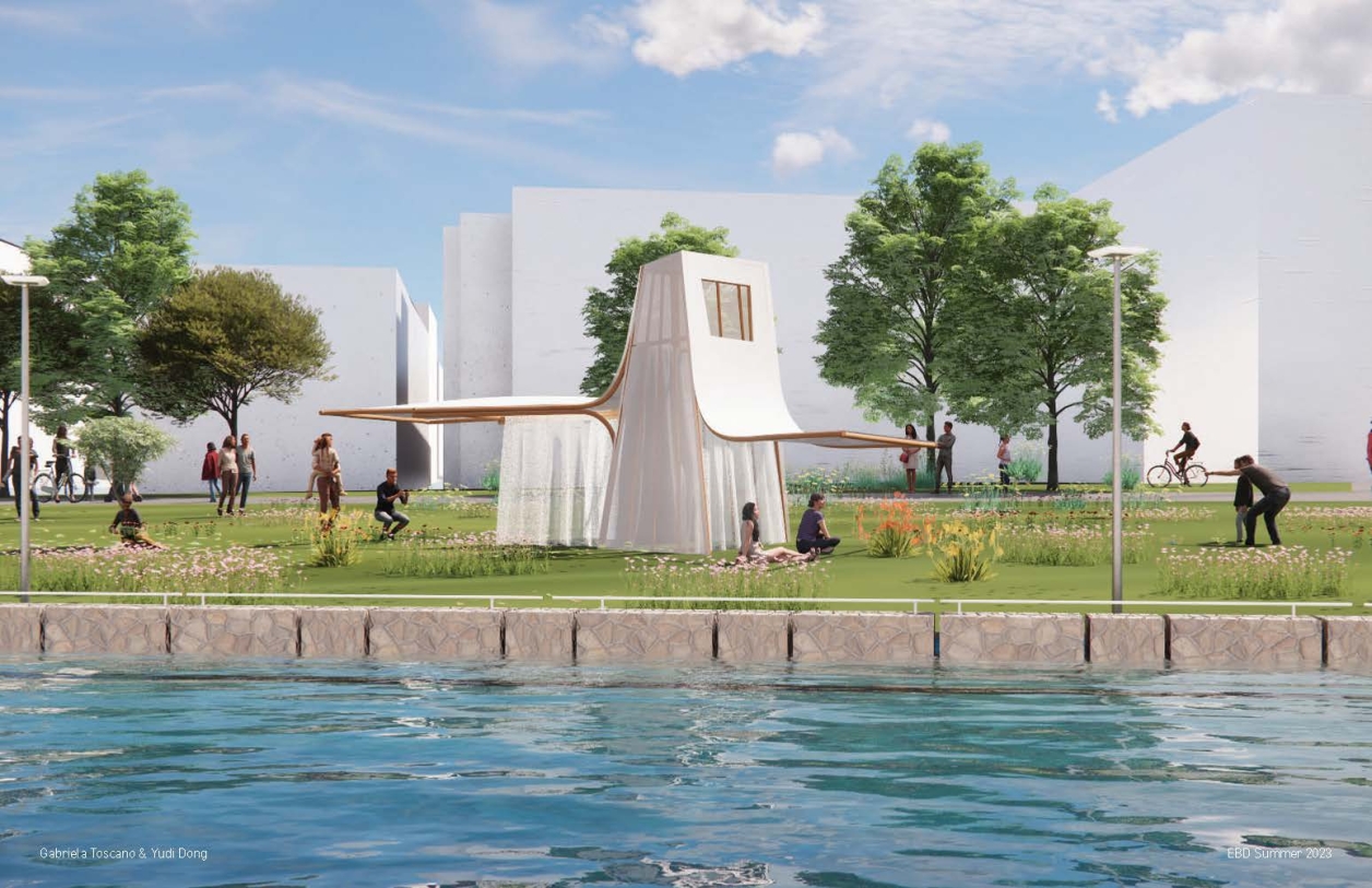 Render view of pavilion on the riverbank.