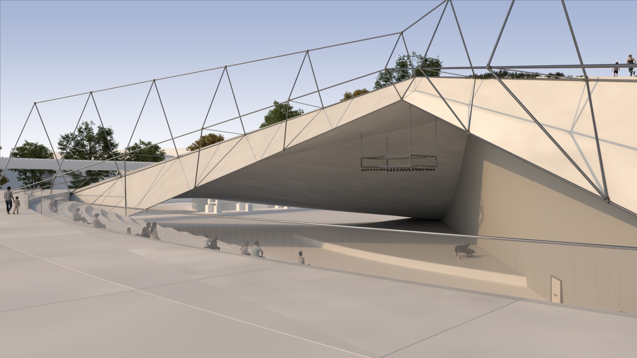 Render showing generation of the outdoor amphitheater through the folding of the constructed landscape.