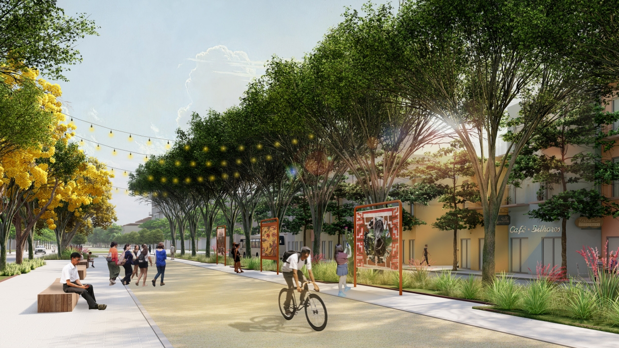 The theme of the Gallery Boulevard echoes the public library and school located in the uphill mixed-use block on the west side, enriching the pedestrian pathway with art installations that can serve as a rotating showcase for local artists in Sobral. Bioswales are installed along both sides of the pedestrian system to enhance surface runoff infiltration.