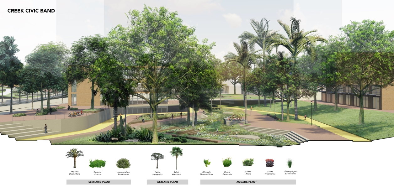 Planting adapts from dry slopes to wetlands, forming a resilient ecological gradient throughout the urban fabric in Sobral.